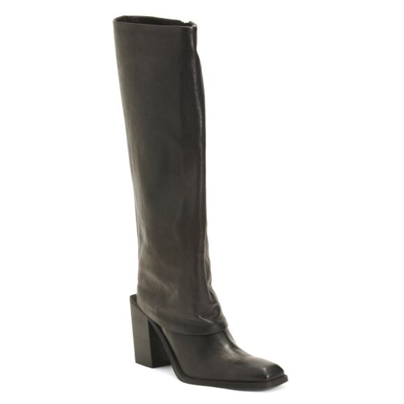 EMANUELE CRASTO Black Made In Italy Leather Fold Over High Shaft Boots - Picture 1 of 2